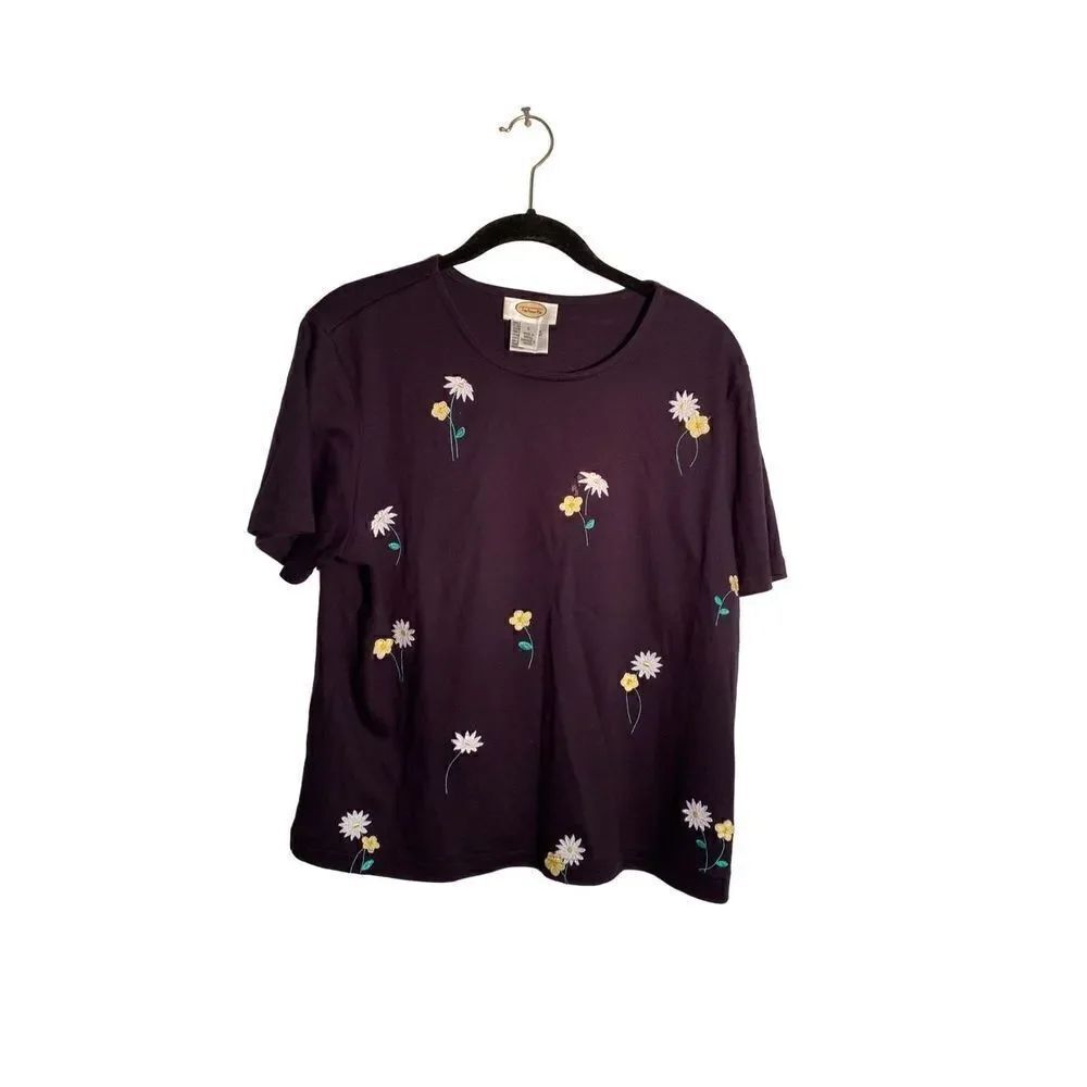 Talbots women’s navy blue floral daisy embroidered top size L 